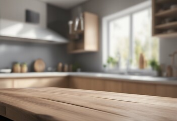 Wall Mural - wooden background up light template interior product creative mock concept display kitchen top blur sunny presentation empty home day table space frame room window architecture house open inside