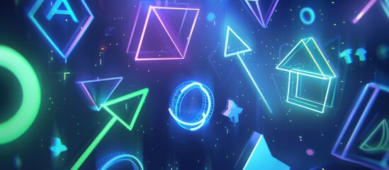 Wall Mural - abstract neon geometric shapes float in dark space.