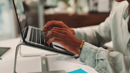 Fototapete - Business, hands or man in workplace, laptop or typing with research for sales growth. Closeup, person or employee for ad agency, keyboard or pc with internet, feedback for project or email for review