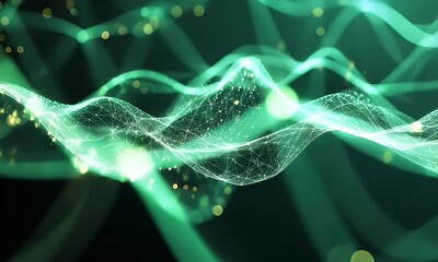 Wall Mural - Digital Abstract Waves of Green Light and Shimmering Particles Flowing in an Ethereal Background Creating a Dynamic Visual Experience