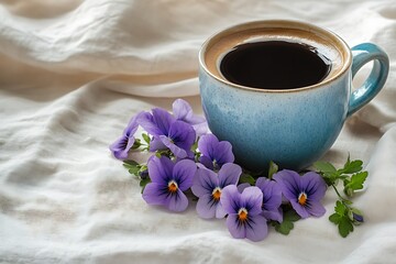 Wall Mural - Peaceful Mother's Day morning tableau with a cup of black coffee and a cluster of violets on a soft, muted tablecloth.