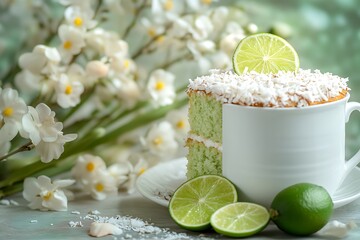 Wall Mural - Refreshing Mother's Day morning with a lime and coconut cake paired with a white ceramic mug of green tea, set against a backdrop of spring flowers.
