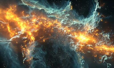 Wall Mural - Dramatic Cosmic Nebula with Fiery Orange and Blue Elements Flowing Through an Endless Space Filled with Stars and Mystical Energy