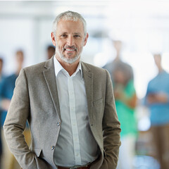 Poster - Business, man and workplace smile portrait, mature confident and happy for creative agency or office growth. Worker, employee and manager for company mission, professional boss and career pride