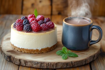 Wall Mural - Rustic Mother's Day afternoon with a berry-topped cheesecake and a handcrafted mug of steamy hot chocolate on a reclaimed wood table.
