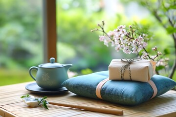 Wall Mural - Serene Mother's Day tea with a meditation cushion gift and a Zen garden-inspired tea set on a low wooden table.
