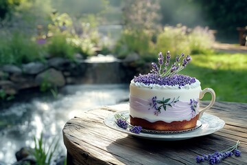 Wall Mural - Serene Mother's Day afternoon with a lavender-infused cake and a vintage tea cup set on a rustic wooden table overlooking a garden.