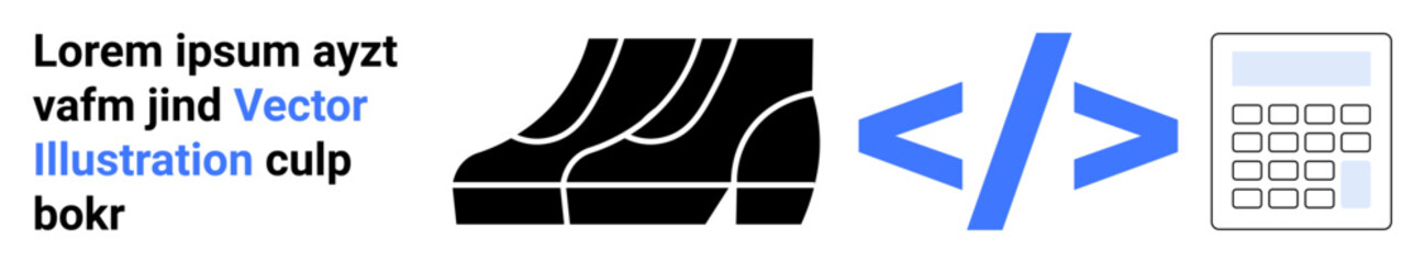 Code symbol between digital calculator and shoe prints icon. Ideal for web development, programming, career growth, progress, data analysis, problem-solving, flat landing page banner