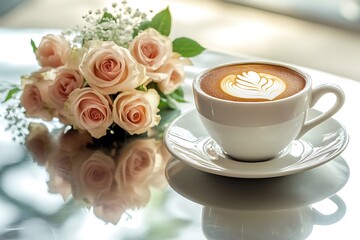 Wall Mural - Sophisticated Mother's Day coffee arrangement with an elegant cup and saucer, accented by a small bouquet of fresh cut roses on a glossy table.