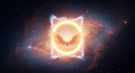 Wall Mural - celestial wings in cosmic ring - majestic wings spread within a glowing ring, set against a vibrant 