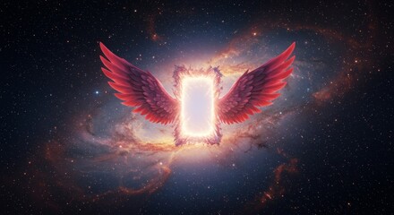 Wall Mural - celestial wings portal galaxy - a glowing portal, flanked by majestic wings, opens within a vibrant 