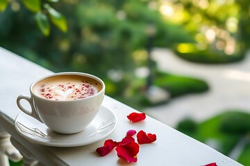 Wall Mural - Stylish Mother's Day breakfast on a balcony overlooking a serene garden, featuring a delicate cup of coffee and scattered rose petals.