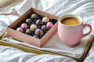Wall Mural - Sweet Mother's Day surprise with a box of gourmet truffles gift and a pink porcelain coffee cup on a bed tray.