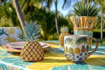 Wall Mural - Tropical Mother's Day breakfast with a pineapple-shaped gift and a ceramic pineapple mug on a brightly colored table under palm trees.
