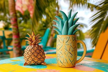 Wall Mural - Tropical Mother's Day breakfast with a pineapple-shaped gift and a ceramic pineapple mug on a brightly colored table under palm trees.