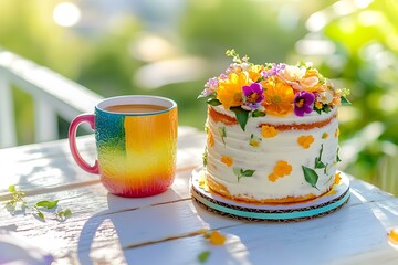 Wall Mural - Vibrant Mother's Day celebration with a citrus cake decorated with edible flowers and a colorful mug of coffee on a sunny terrace.