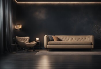 Wall Mural - has dark armchair background interior the wall empty sofa apartment white architecture comfortable living room design couch house concept light cabinet flat lamp beige indoor bright decor floor home
