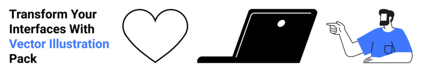 Heart symbol, laptop, and a person pointing reflect creativity, technology, and passion. Ideal for design, development, teamwork, digital innovation tech education user interface flat landing page