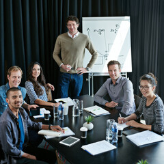 Poster - Portrait, group and happy business people in meeting for coworking, about us or collaboration in startup presentation. Face, team and creative workers together writing notes with financial advisor