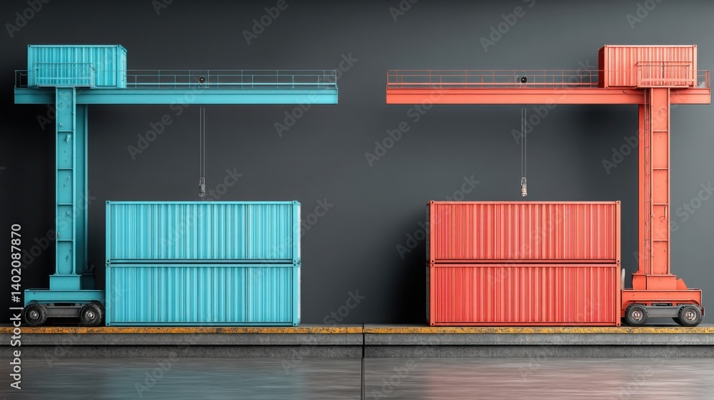 Fork truck transporting a container under giant red and blue cranes ...