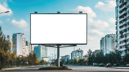 a clear. empty billboard stands prominently in a bustling city street surrounded by modern skyscrape