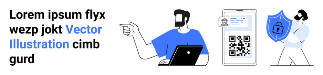 Man using laptop, pointing at QR code on mobile phone screen, shield symbolizing data security. Ideal for technology, e-security, payment, online interaction, app design, protection flat landing