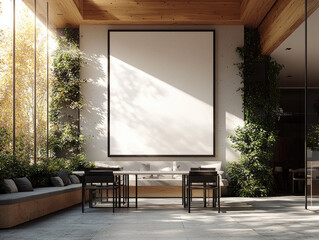 Poster - modern interior space featuring large blank wall, surrounded by greenery and natural light. minimalist design includes sleek table and chairs, creating serene atmosphere
