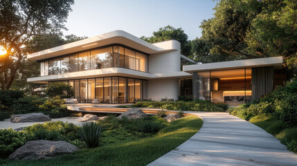 Poster - modern architectural masterpiece, this stunning house features large glass windows, sleek lines, and harmonious blend of nature and design. surrounding landscape includes lush greenery