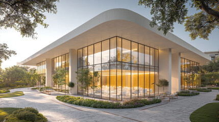 Poster - modern architectural building with large glass windows surrounded by greenery, showcasing sleek design and inviting atmosphere. sunlight enhances elegant structure and landscaping