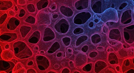Abstract porous structure with red and blue gradient lighting on a dark background.