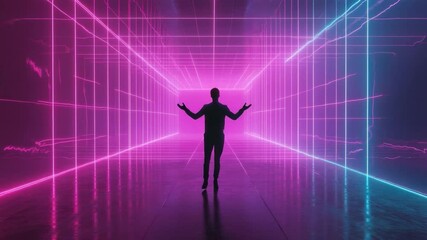 Wall Mural - futuristic neon tunnel with silhouette walking towards bright light in a digital environment