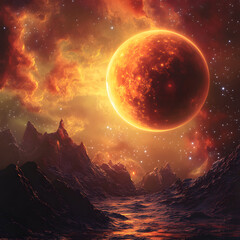 a fiery celestial landscape: a fiery celestial landscape with a fiery planet, surrounded by an ether