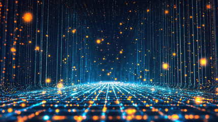 Poster - Digital technology landscape with glowing particles and lines creating futuristic environment, evoking sense of innovation and exploration