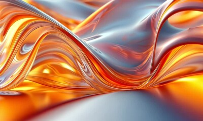 Wall Mural - Abstract Fluid Metallic Waves in Vibrant Orange and Silver Colors with Dynamic Texture and Smooth Surface Flowing in an Artistic Display of Color Interplay