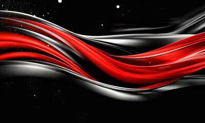 Wall Mural - Dynamic Red and Black Abstract Flowing Waves on a Dark Background with Glowing Particles and Smooth Textures