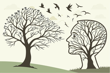 70 surreal landscape, two human head-shaped trees facing each other, bare branches forming silhouett