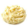 © aubriella - A thick and creamy mashed potato serving with a smooth fluffy texture and a light buttery sheen, isolated white background, hyperrealism art style