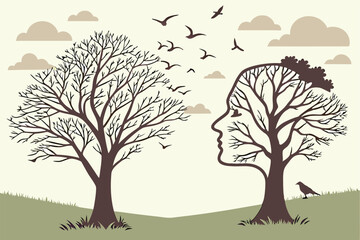 70 surreal landscape, two human head-shaped trees facing each other, bare branches forming silhouett