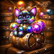 © Pic - Magical kitten in a barrel, surrounded by colorful bubbles, in a rustic cellar; fantasy art for children's book