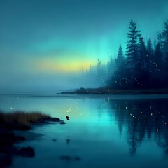 Wall Mural - Magical Night Lake  Firefly Forest  Serene Nature Scene