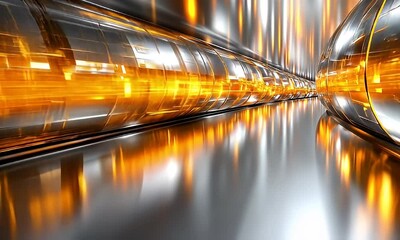 Wall Mural - Futuristic Industrial Tunnel with Shiny Metallic Surface and Flowing Orange Light Reflections in a Modern Abstract Environment