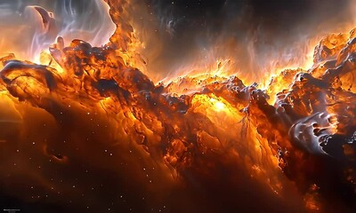Wall Mural - Ethereal Nebula in Space with Fiery Orange and Gold Hues Illuminating a Dark Cosmic Background