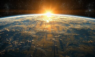 Wall Mural - Stunning Aerial View of Earth at Sunrise with Radiant Light Emerging from the Horizon Illuminating Clouds in the Vastness of Space