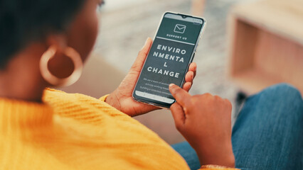 Poster - Home, hands and woman on sofa, phone screen and subscription for climate change email. African person, apartment and smartphone with ecology activist, network for environment awareness and connection