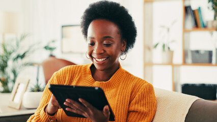 Poster - Home, streaming and woman with tablet, smile and subscription to app for entertainment and living room. House, happy and black person with tech for movies, watching or membership on website in lounge