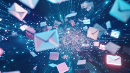 Wall Mural - vibrant digital abstract with floating email icons and glowing particles in motion