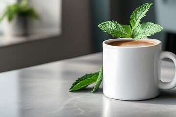 Wall Mural - Simplistic Mother's Day coffee time with a plain white mug and a sprig of mint on a clean, modern table, epitomizing pure elegance.
