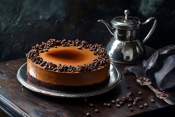 Wall Mural - Sophisticated Mother's Day coffee time with a mocha cake adorned with cocoa nibs and a silver coffee pot on a dark wood table, exuding class.