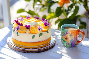 Wall Mural - Vibrant Mother's Day celebration with a citrus cake decorated with edible flowers and a colorful mug of coffee on a sunny terrace.
