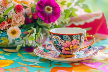 Wall Mural - Vibrant Mother's Day brunch with a floral arrangement gift and a hand-painted teacup on a brightly colored tablecloth.